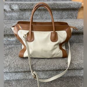 Cuir Rose pebbled leather cream and tan satchel bag. Shoulder strap. Gold detail